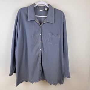 J. JILL Full Button Gray Fleece Top with Embroidered Edges & Pocket / Size XL